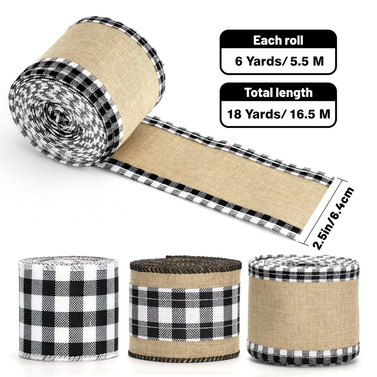 Buffalo Plaid Ribbon Wired – 3 Rolls 2.5'' x 18 Yards, Burlap Black and White Plaid Ribbons for Crafts, Christmas