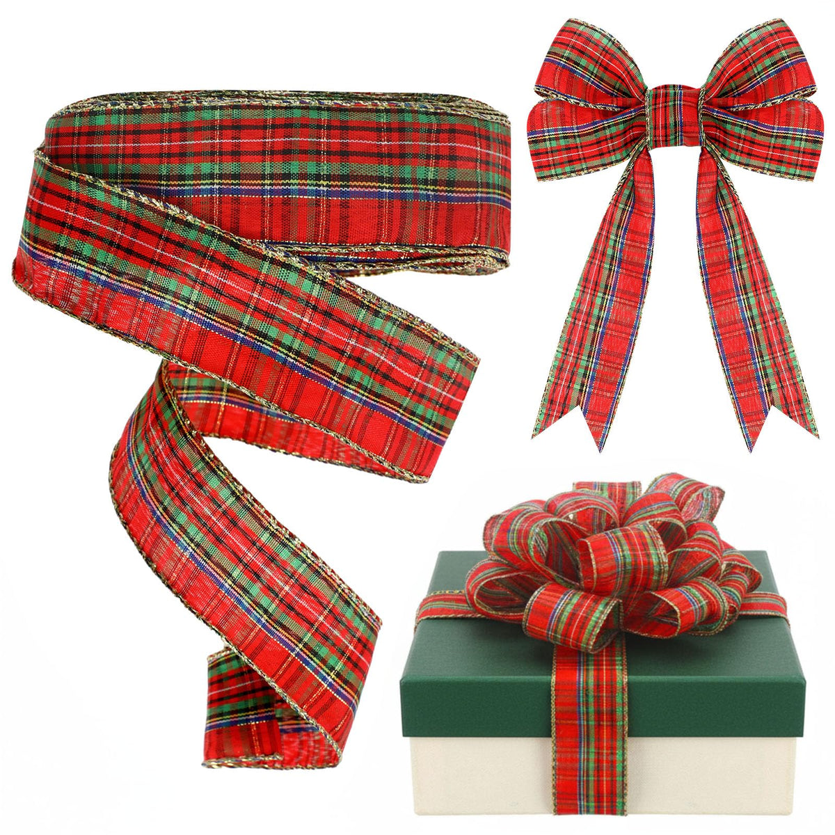 Christmas Wired Ribbon 1.5 Inch 30 Yard Tartan Plaid Ribbons