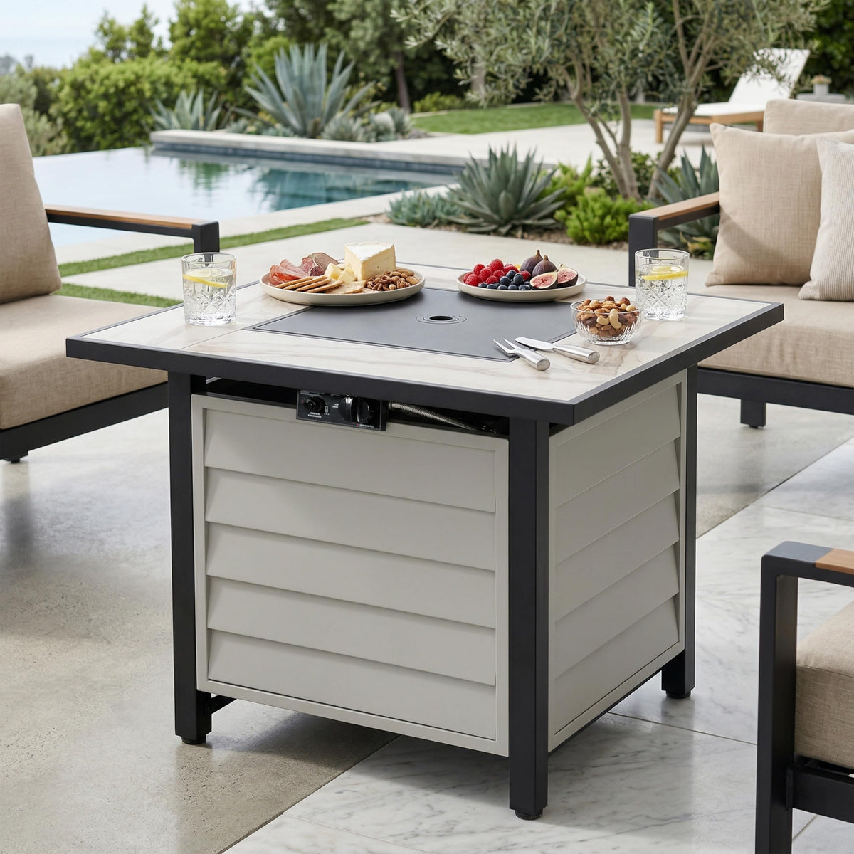 30" Outdoor Propane Fire Pit Table, 50,000 BTU Square Gas Fire Pit with Glass Beads, Lid, Marble Texture Glass