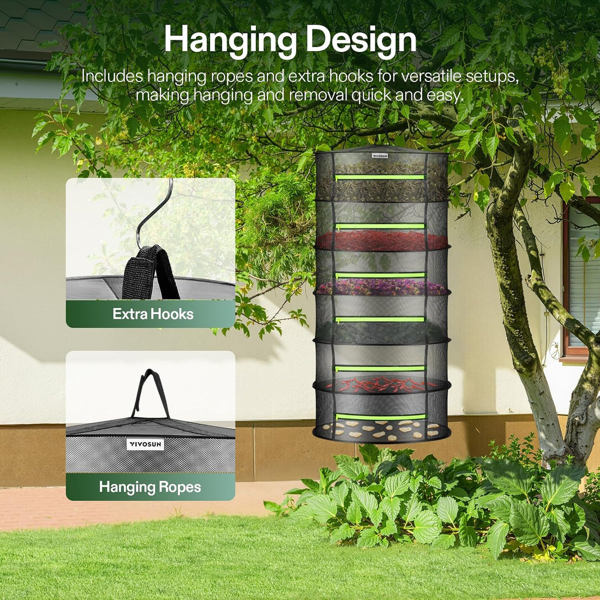 2-Pack 6-Layer Mesh Drying Rack Hanging Design with Green Zippers for Dehydrating, Indoor and Outdoor (Pruning Shears
