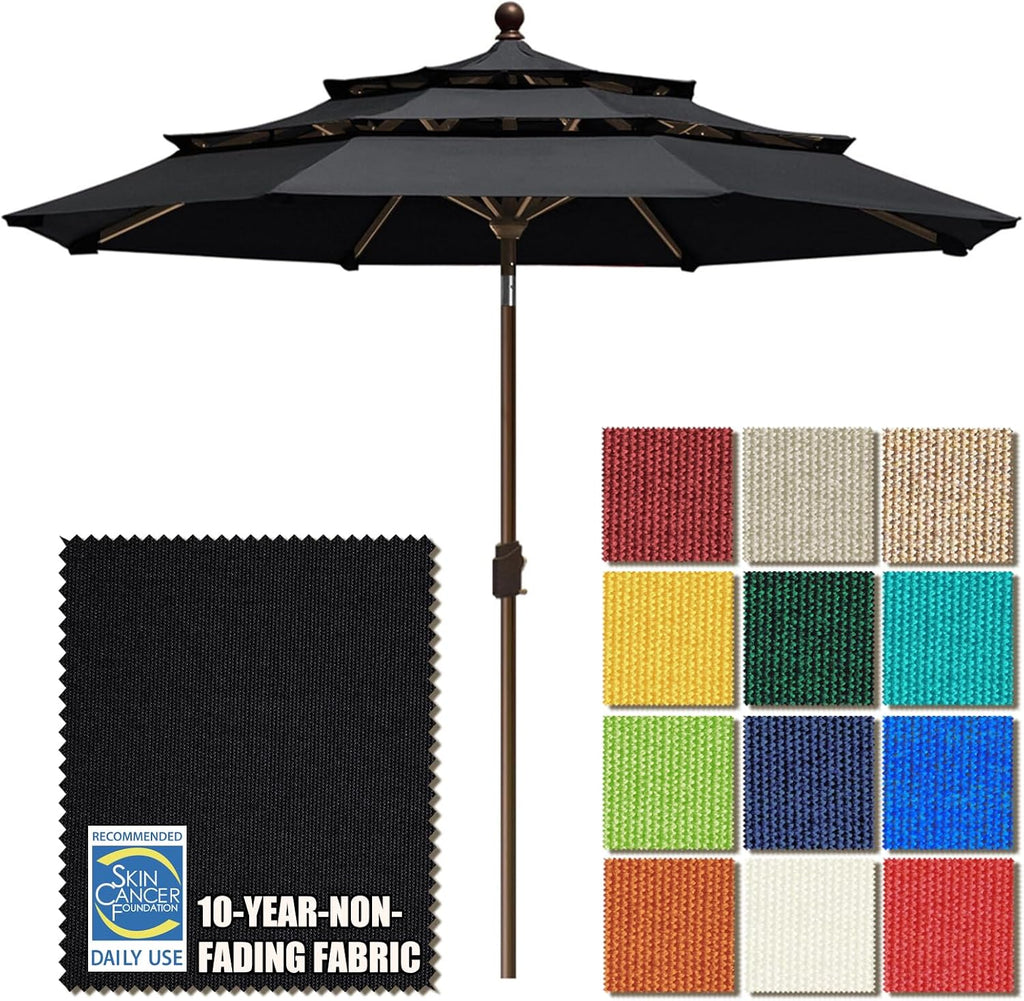 USA 10-Year-Non-Fading 9ft 3-Tier Market Patio Umbrella, Commercial Grade Outdoor Table Umbrella with Crank Open