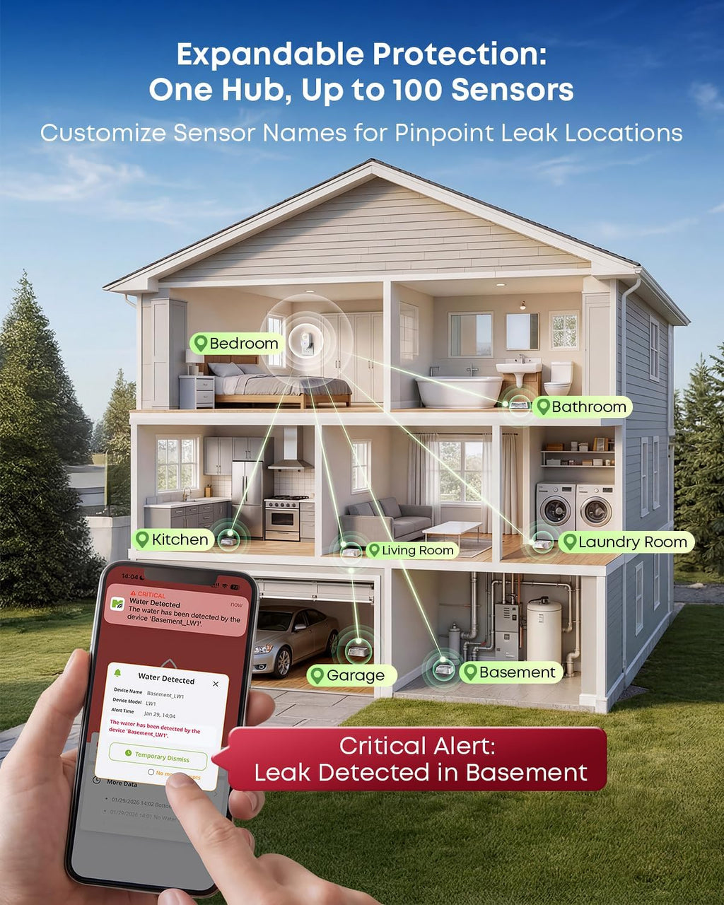 WiFi Water Leak Detector Kit, 2000ft Long Range, SMS App Email Alerts, 105dB Adjustable Alarm, Leak Severity