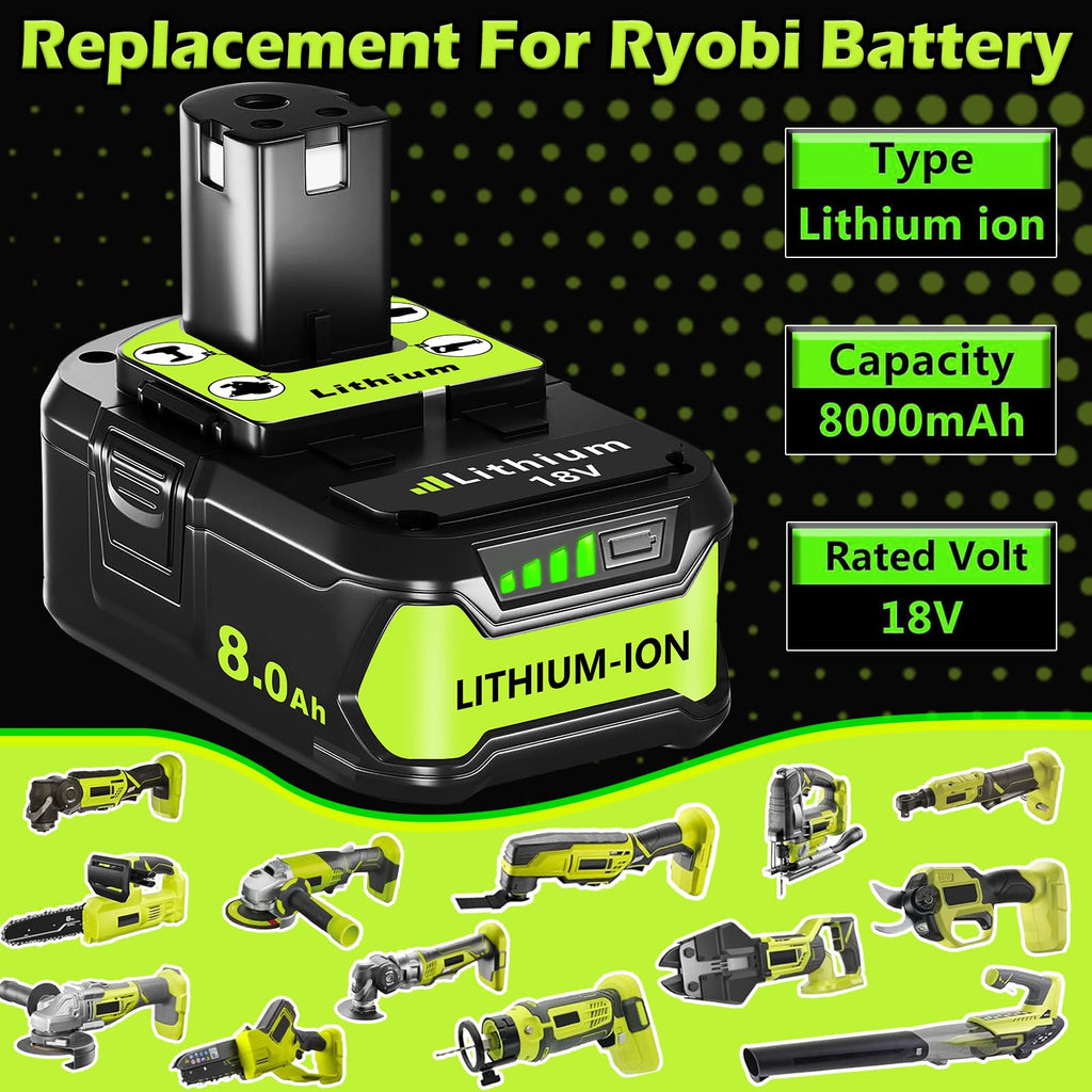 2 Pack 8.0Ah Replacement for Ryobi 18V Lithium-ion Battery