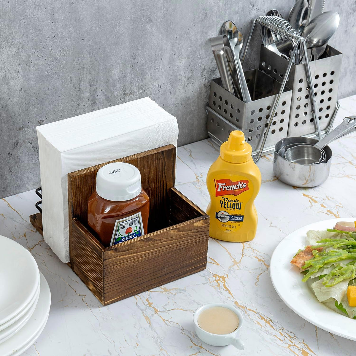 Napkin Holder for Table Rustic Burnt Solid Wood Tabletop Napkin Holder and Condiment Server Dining Caddy with 3 Salt