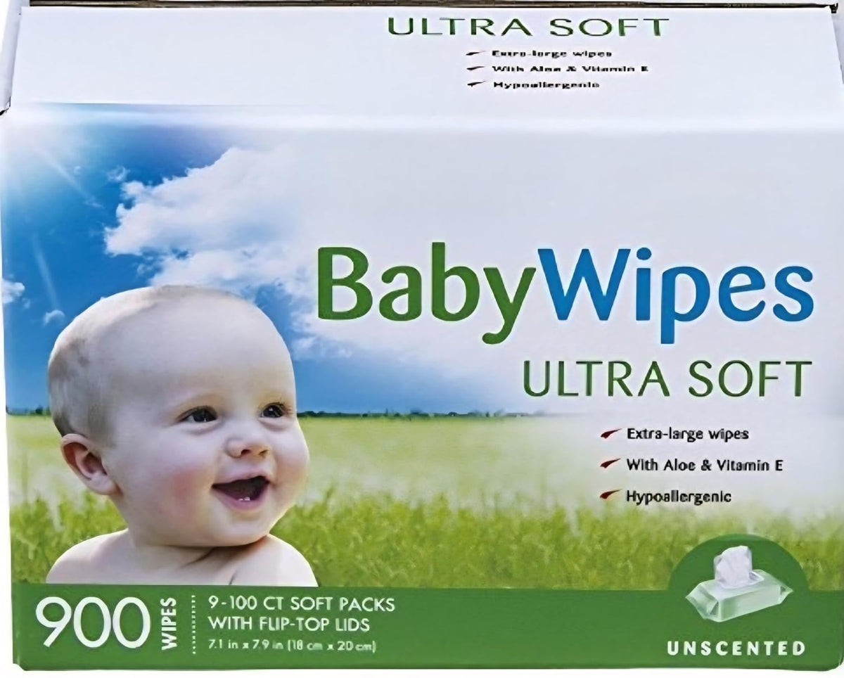 Ultra Soft Baby Wipes, Extra Large, Unscented, 900 Count, With Aloe & Vitamin E, Hypoallergenic, 9 Flip-Top Packs