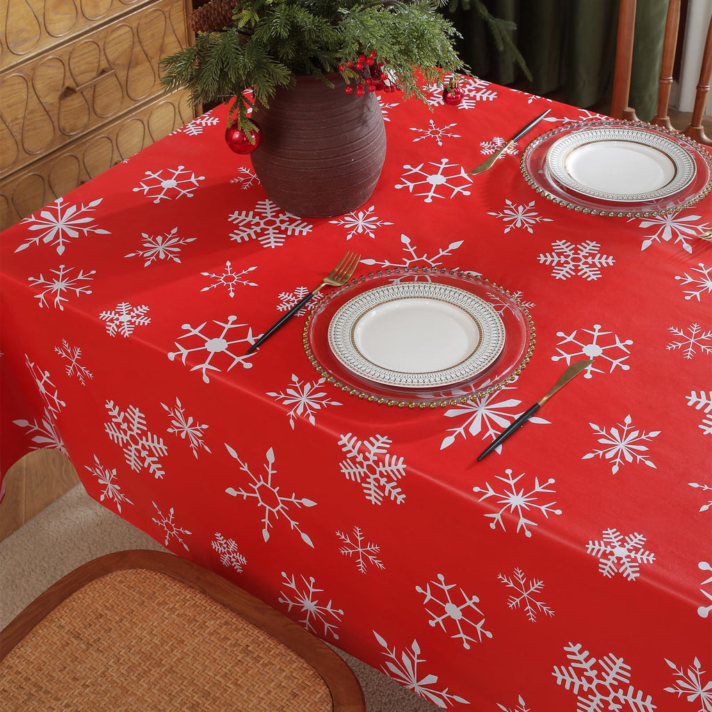 Christmas Red Table Cloth, Snowflake Print, Flannel Backed Vinyl Tablecloth for Rectangle Tables, Waterproof PVC
