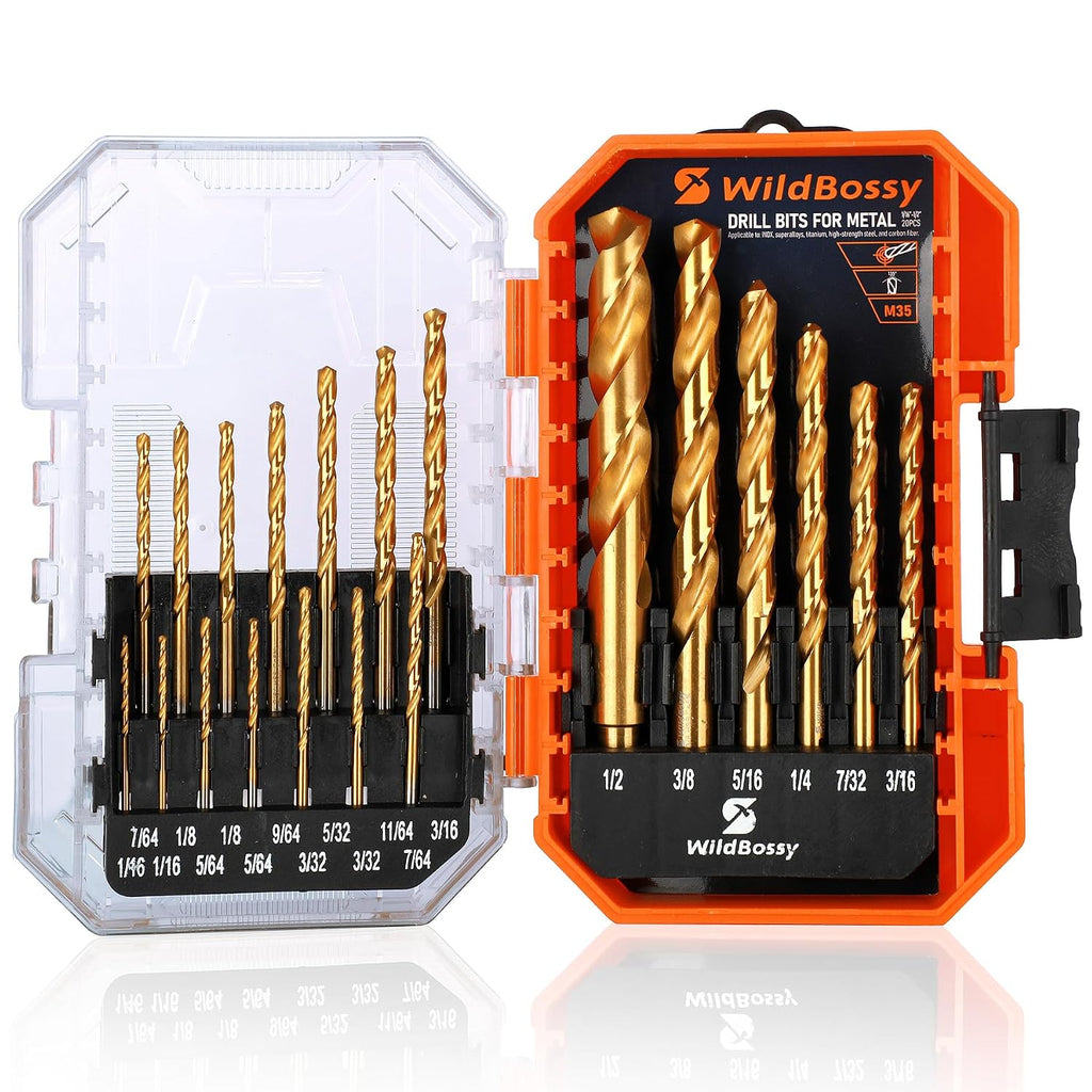 M35 Cobalt Drill Bit Set 20PCS(1/16"-1/2") High Speed Steel Jobber Length Drill Bit Kit for Hardened Metal with Index Storage Case