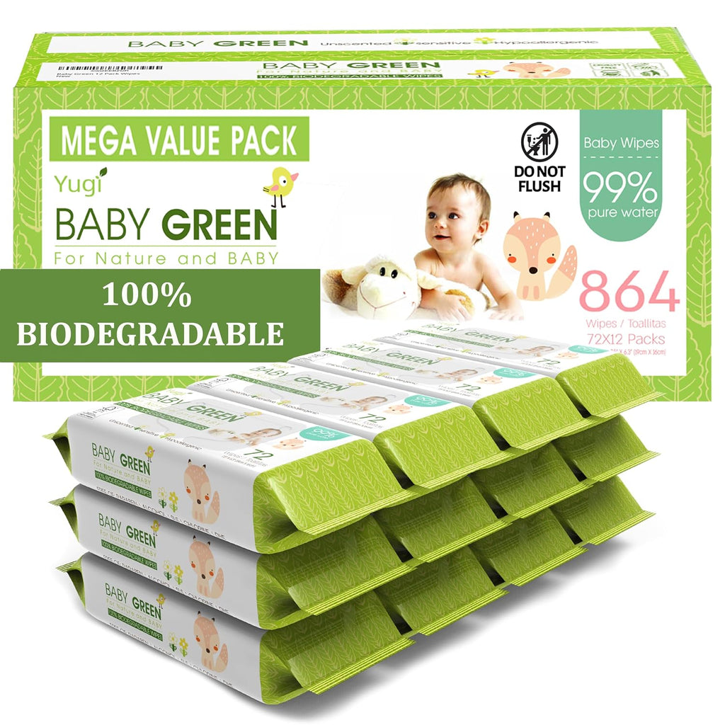 Yugi Green Compostable Baby Wipes, Unscented, Plant-Based, Sensitive Skin