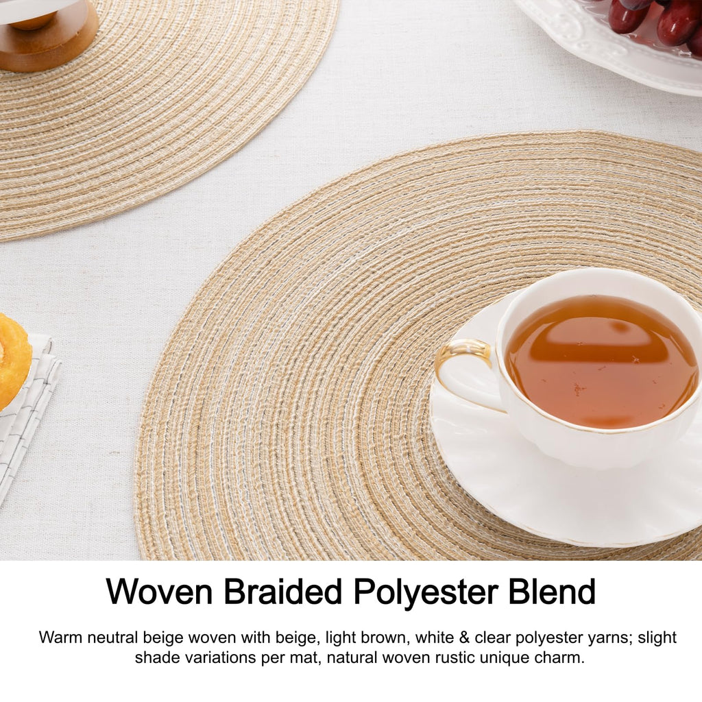 15 inch Round Placemats Set of 6, Cotton Polyester Woven Braided Place Mats, Washable Heat Resistant Circle Table