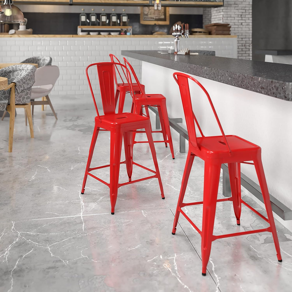 Commercial Grade 24" H Red Metal Indoor-Outdoor Counter Height Stool w/Back