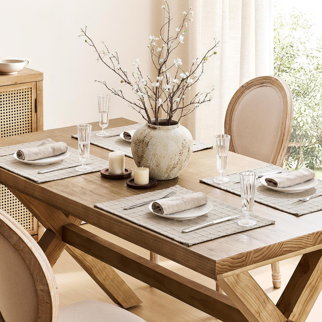 Artisanal Grid Decorative Linen Placemats Set of 6, Neutral Beige