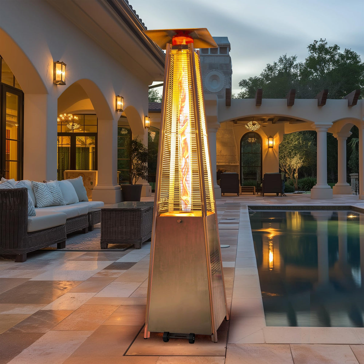 Flame Pyramid Pool Heater, Stainless Steel Triple Safety Protection Patio Heater with Patio Cover, Warm Glass Tube