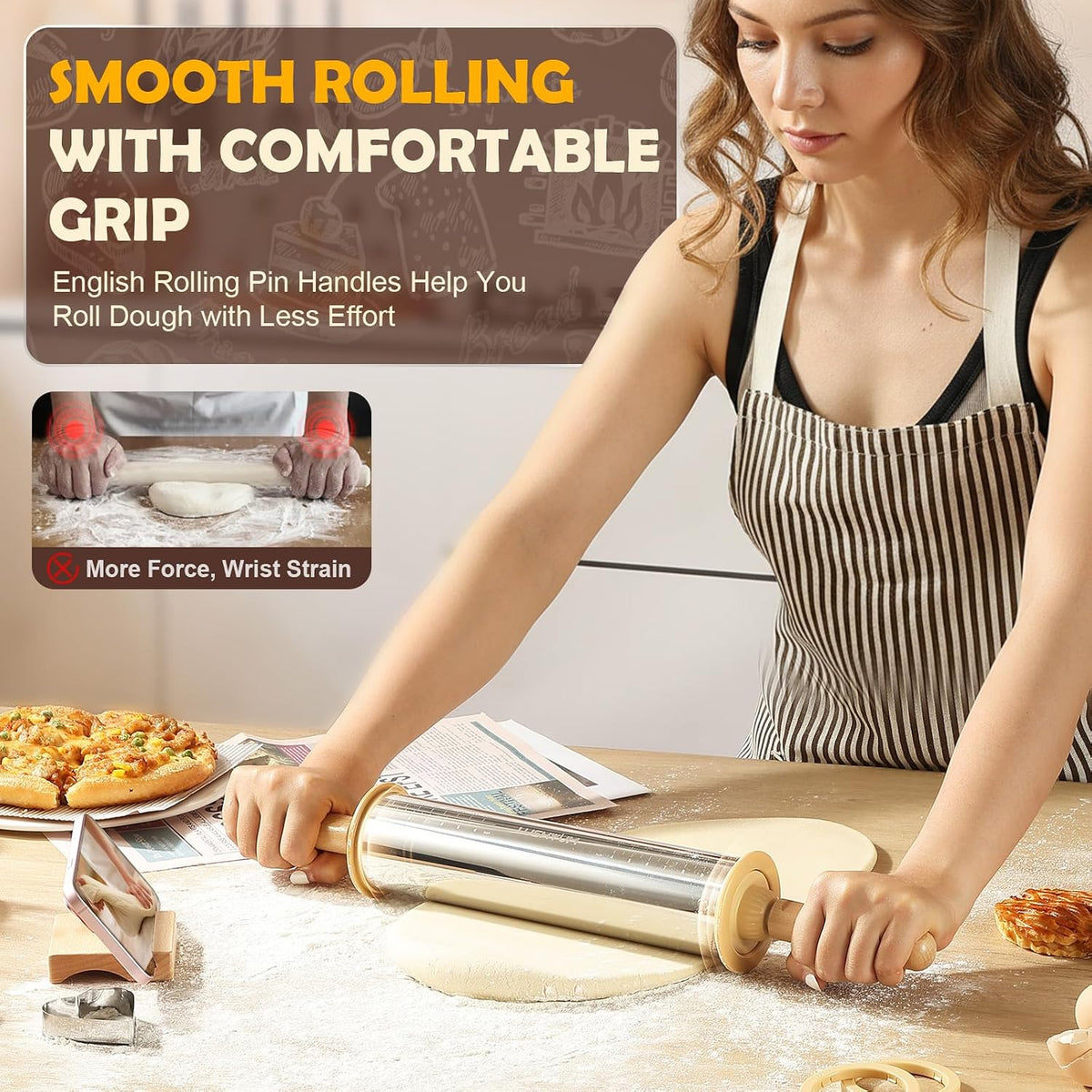 304 Stainless Steel Adjustable Rolling Pin with Thickness Rings