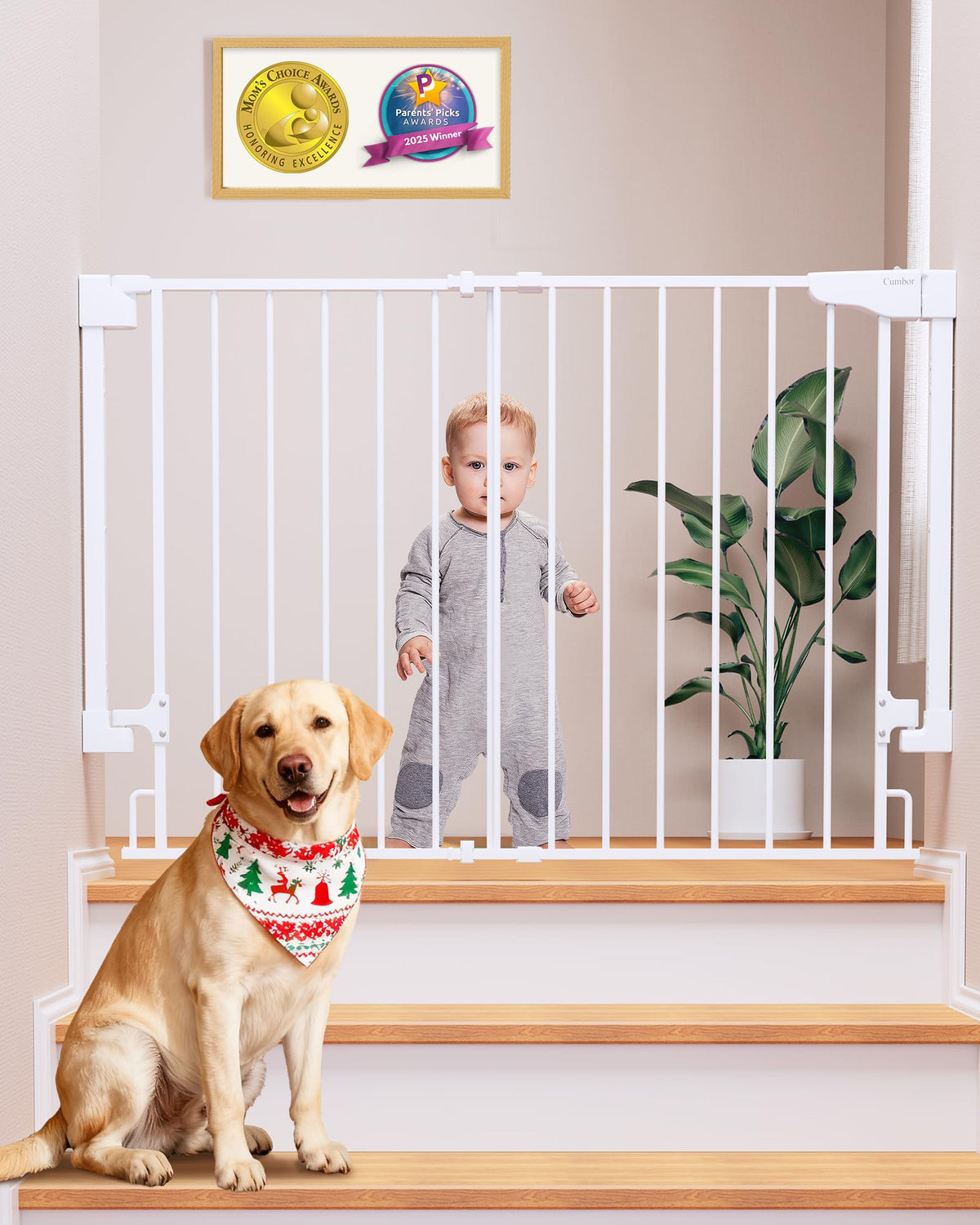 29.2-43" Adjustable Hardware/Pressure-Mounted Pet & Child Safety Gate with Auto-Close Walk-Through Door for Stairs, Hallways & Wide Doorways — White