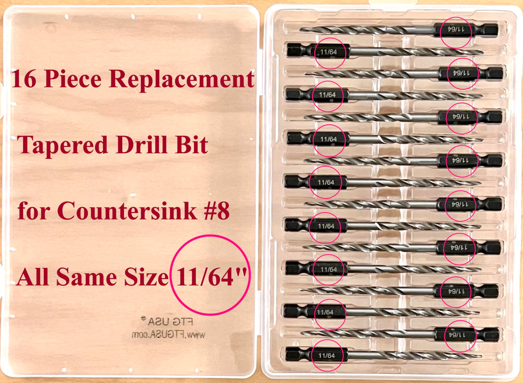FTG USA 16pc #8(11/64") Replacement Tapered Countersink Drill Bit Hex Shank