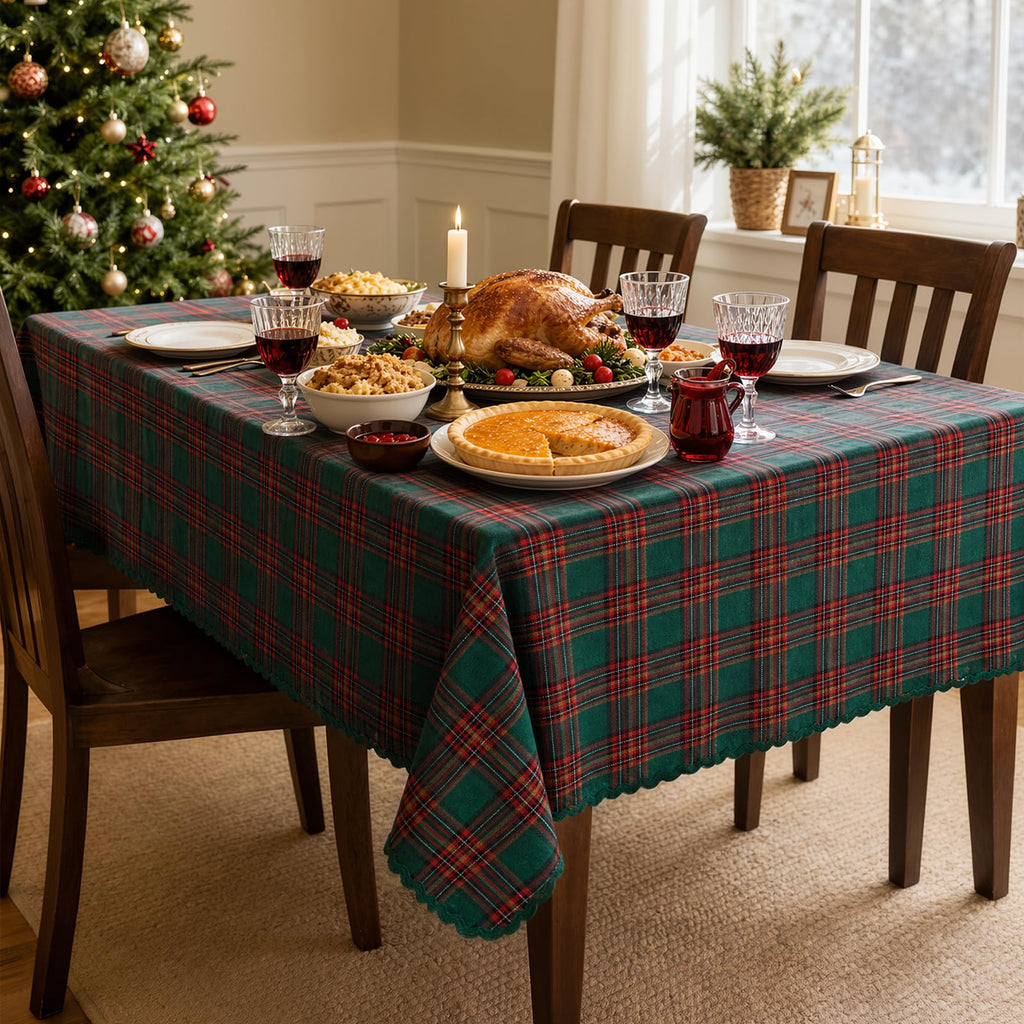 Christmas Tartan Plaid Rectangle Tablecloth for 6 Foot Rectangle Tables, 55 X 84 Holiday Red Forest Green Vintage