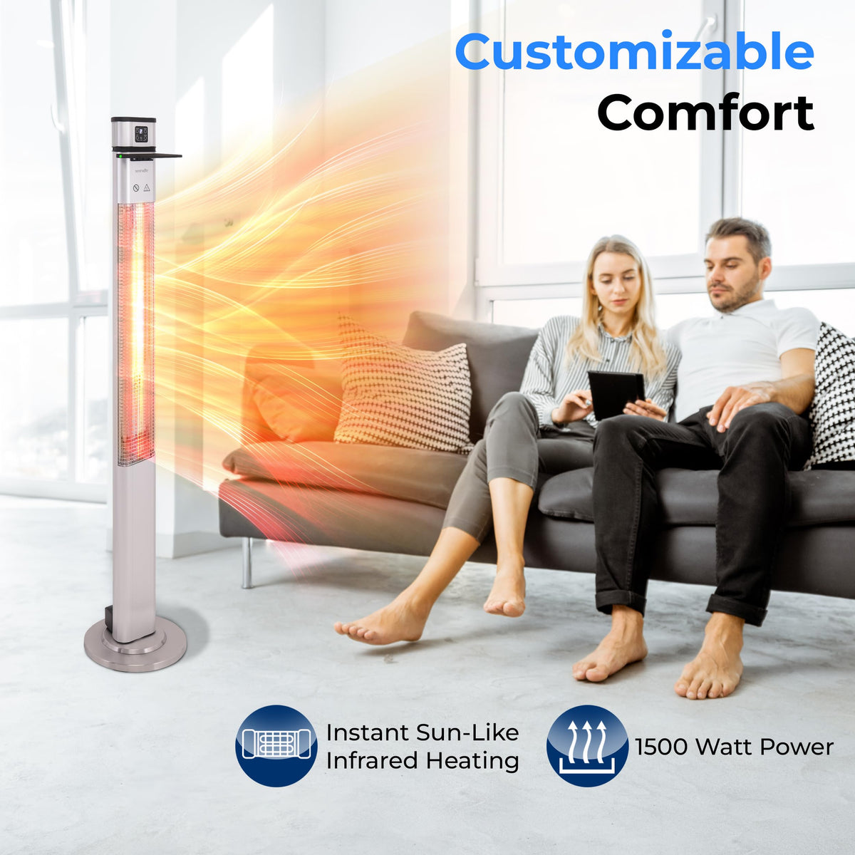Infrared Patio Heater, 1500W Electric Standing with Remote Control, IP44 Approved, Odorless, Three Power Settings