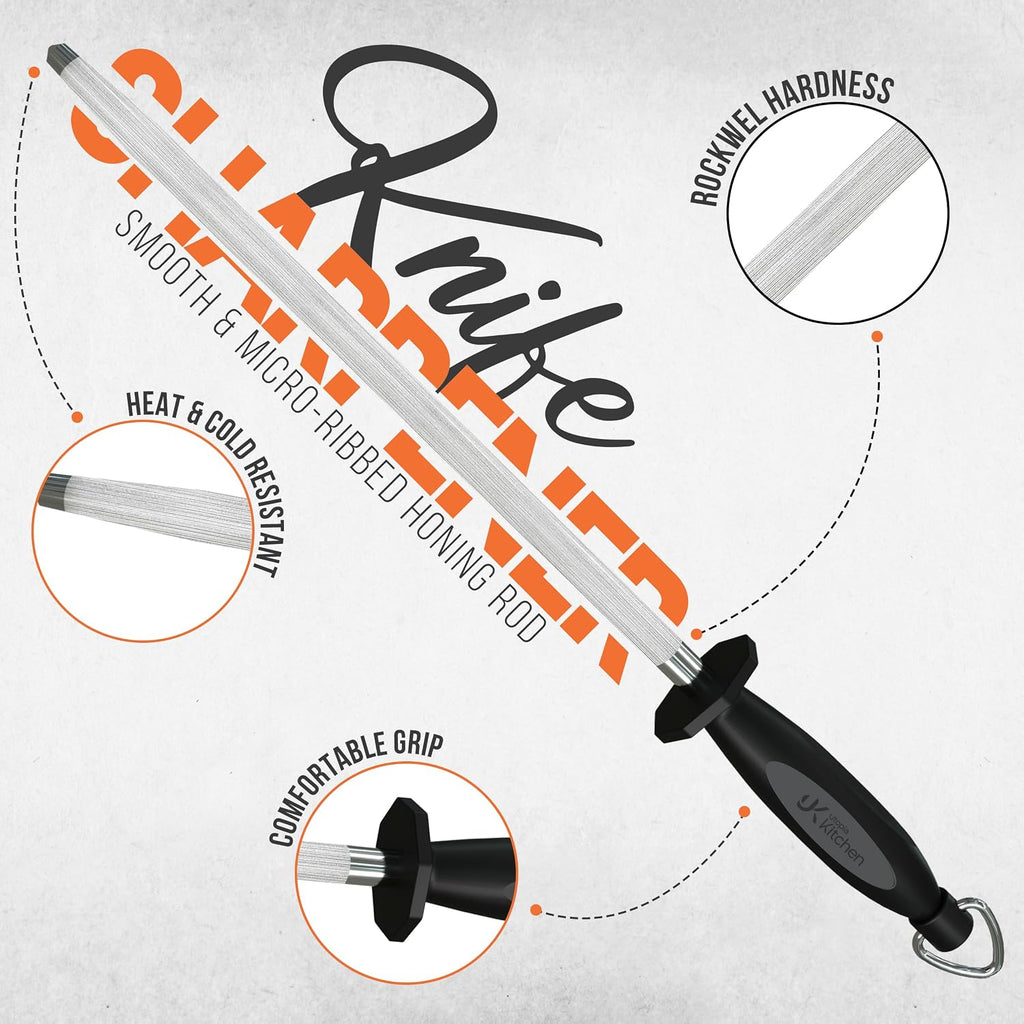 Knife Sharpener Rod 12 Inch, Professional Honing Rod for Knife Sharpening with Hanging Hook, Black