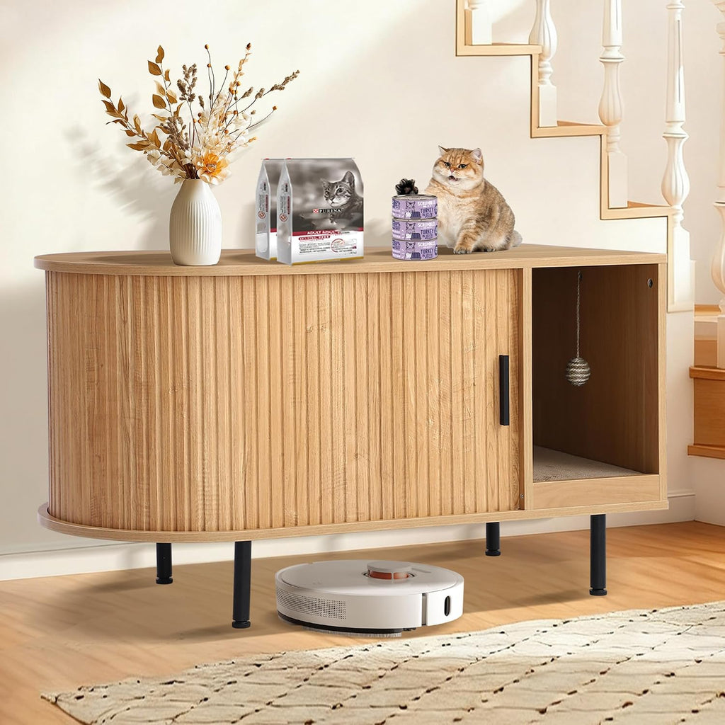 Fluted Cat Litter Box Enclosure with Sliding Door, Scratching Pad