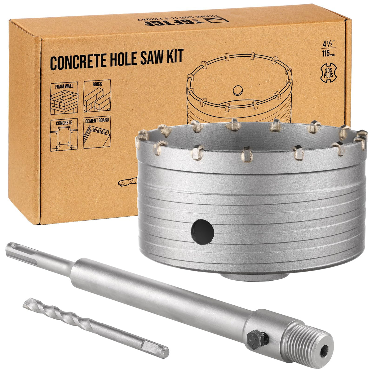 TGFTGF 4-1/2" Concrete Hole Saw Kit, Tungsten Carbide Masonry Hole Saw Kit with 9-27/32" SDS Plus Bit Shank Drill Bit Sets for Concrete, Brick, Stone, Cement, Tile, Wall Drilling