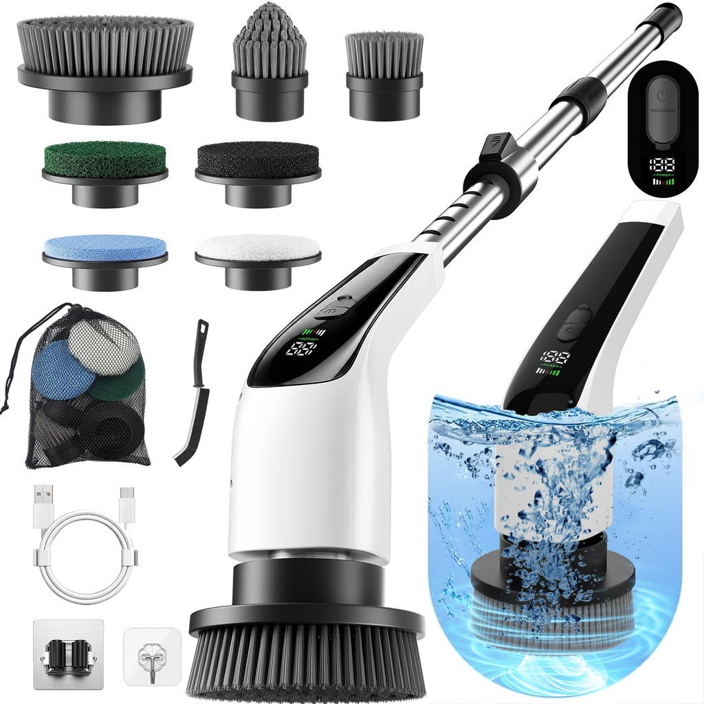 Electric Spin Scrubber, 50 in-lbs High Torque Shower Scrubber & Retractable Long Handle, 10-in-1 Variable Speed