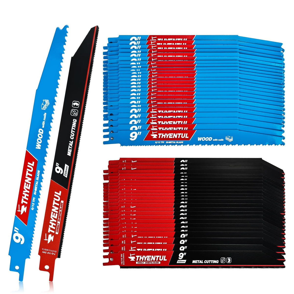 50 Pack 9 Inch Reciprocating Saw Blades, 6/12 & 14/18 TPI Bi-Metal Sawzall Blades for Wood, Nail-Embedded Wood & Metal Cutting