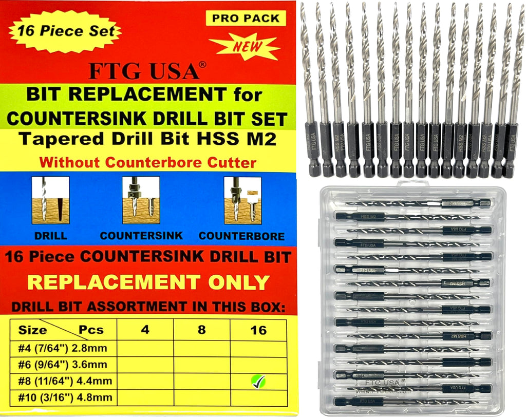 FTG USA 16Pc #8 (11/64") Replacement Countersink Drill Bit Set Tapered Bits