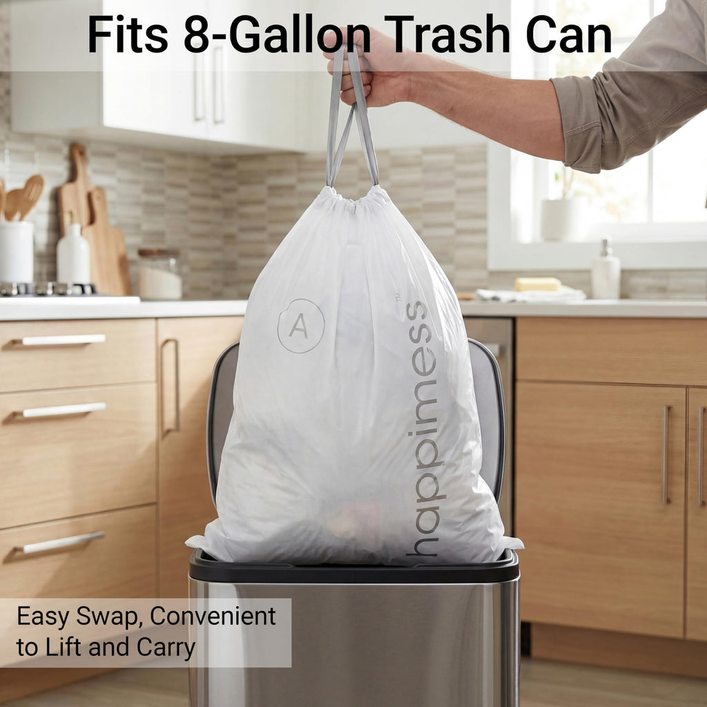 20-Count Unscented 8 Gal Drawstring Trash Bags, White, Pack of 4