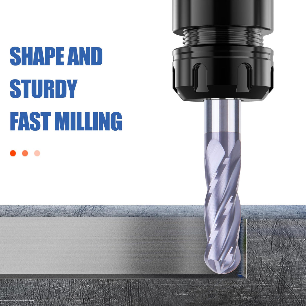 HUHAO 1/4 Inch Ball Nose Carbide End Mill,CNC Cutting Tools for Stainless Steel,Hardened Steels,High Temp Alloys,Medium Alloy Steels, 4 Flute,1/4" Shank
