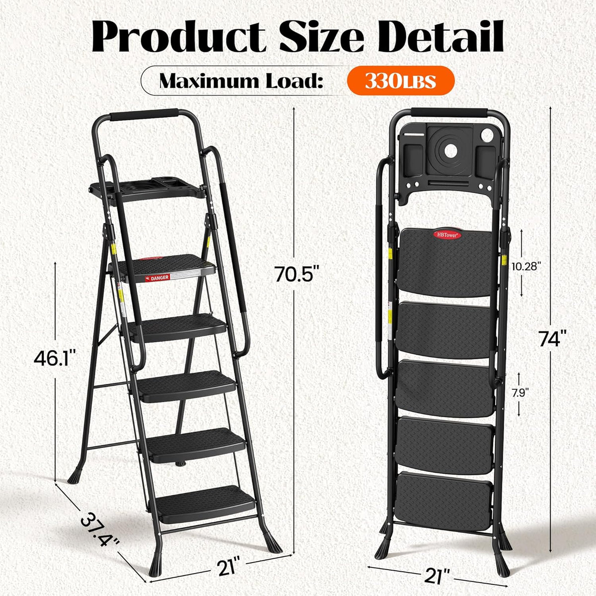 5 Step Ladder, Folding Step Ladder with Wide Anti-Slip Pedal & Tool Tray, Step Ladder with Handrails for Home and