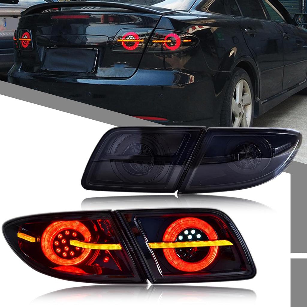 LED Tail Lights Assembly Compatible with Mazda 6 2003-2008 Sedan 4-Door Start-up Animation Sequential Turn Signal Black Rear Lamps Accessory [Cannot fit Hatchback/Wagon]