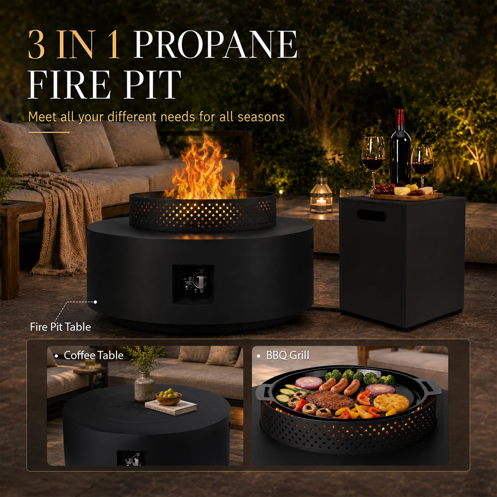 3-Piece Outdoor Gas Fire Pit, 32 Inch Propane Fire Pit Table