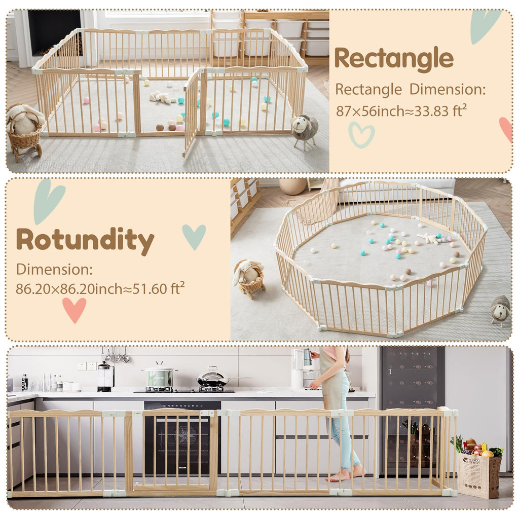 86" x58" Modular Foldable Baby Playpen & Safety Activity Yard with Locking Walk-Through Gate for Infants & Toddlers — Natural Wood