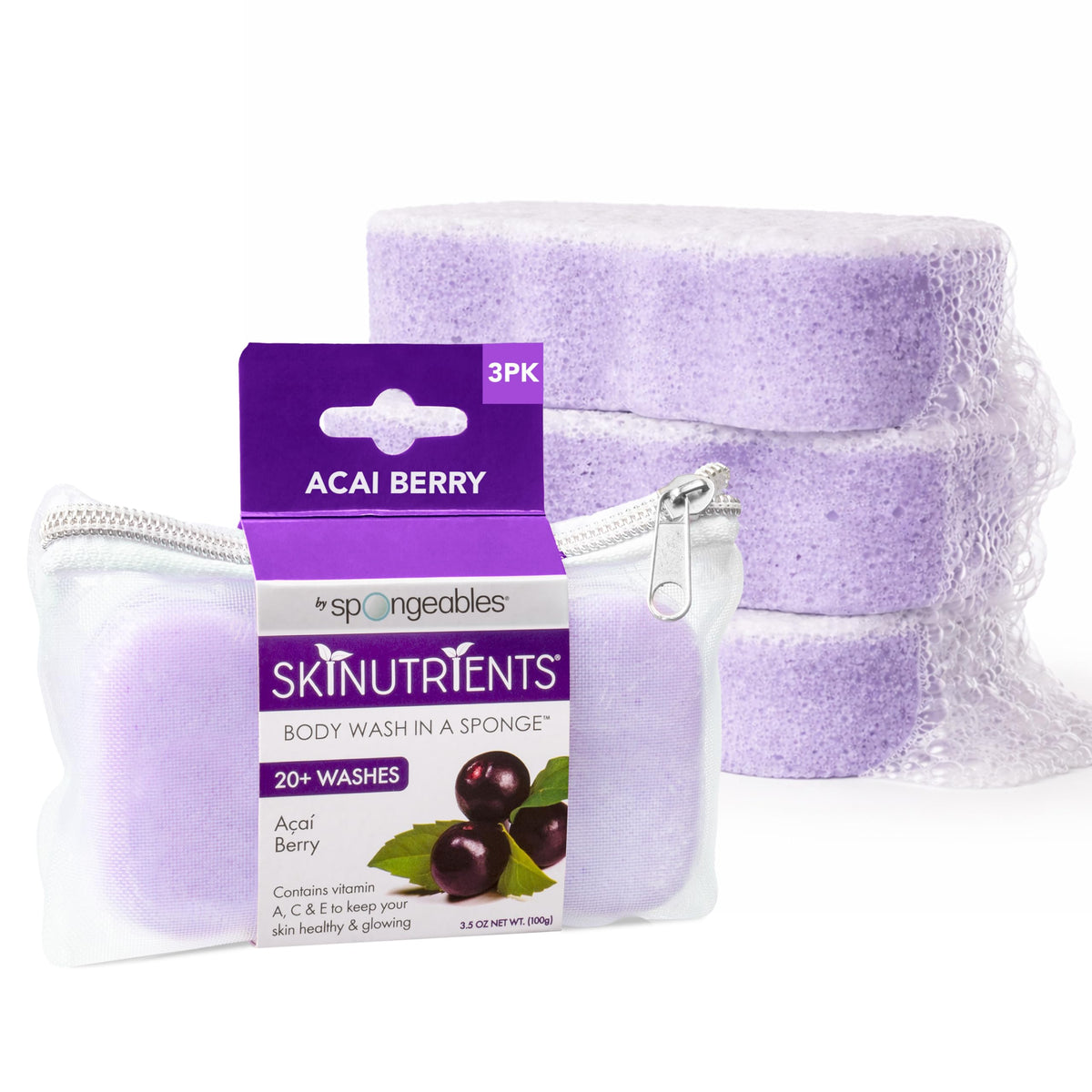 Body Wash in a 20+ Wash Sponge, Acai Berry, 3 Count