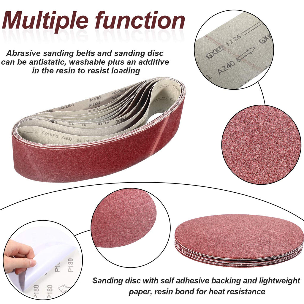 Blulu 22 Pieces 4 x 36 In Sanding Belts and 6 In Self-Adhesive Discs Set