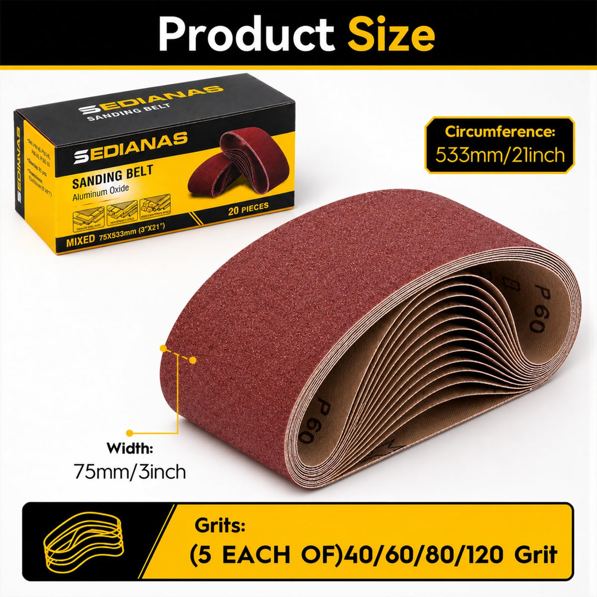 3x21 Inch Sanding Belts, 20-Pack, 40/60/80/120 Grit Mixed Belt Sander Paper