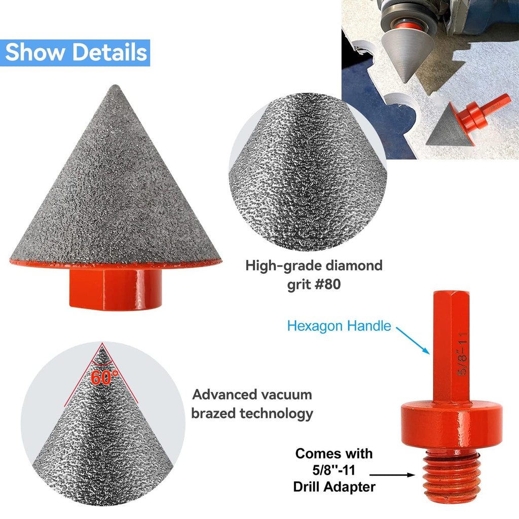 3 PCS Kit Professional Diamond Chamfering Set, Tile Cone Grinder Bit with 5/8"-11 Drill Adapter, Countersink Drill Bits Set, Tile Drill Bits, Diamond Core Hole Saw Drill Kit for Glass Ceramic