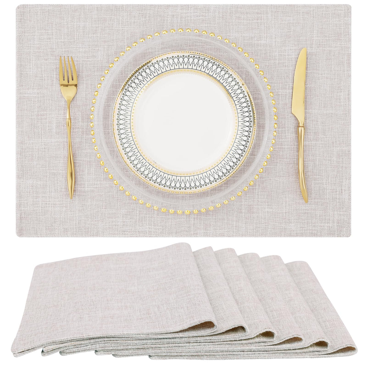 Faux Cotton Linen Placemats Set of 6, Cloth Dining Table Mats