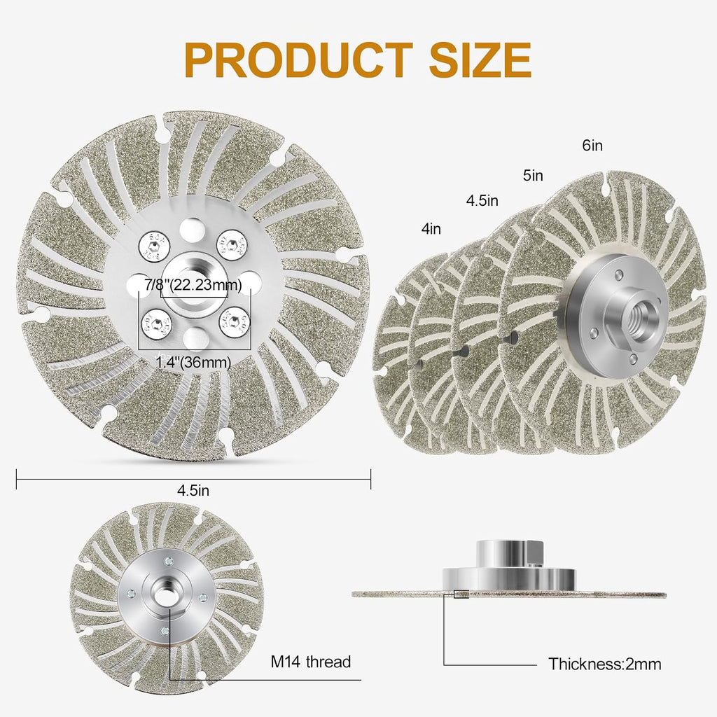 Angle Grinder Diamond Cutting Wheel - electroplated Diamond Blade for Metal, Steel, Concrete, Stone, Tile - 4 1/2, 5, 6 inch Wet/Dry Grinding Wheel (with Flange, 4 1/2)