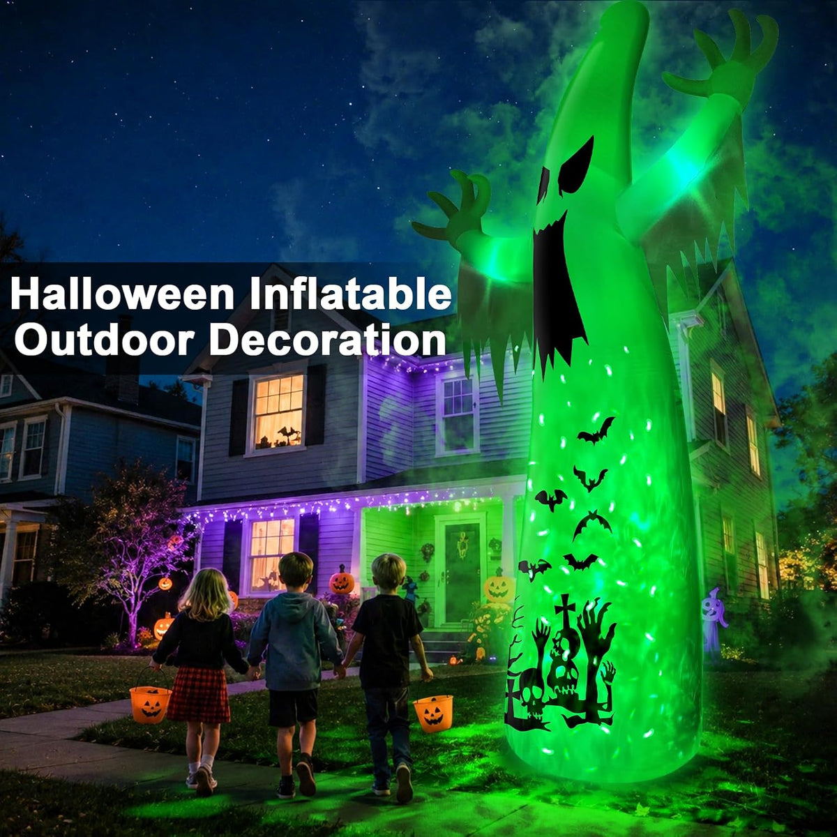 14 Ft Giant Halloween Inflatable Ghost Decorations Outdoor with 3 Colored Rotating Flame LED Changing Red Blue Green