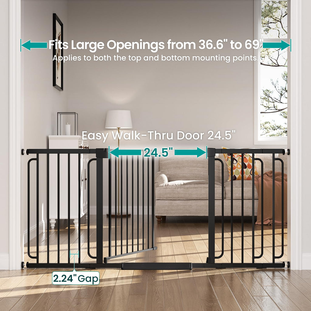 36.6-69" Extra-Wide Adjustable Hardware/Pressure-Mounted Pet & Child Safety Gate with Dual-Lock Walk-Through Swing Door for Stairs, Hallways & Wide Doorways — Black