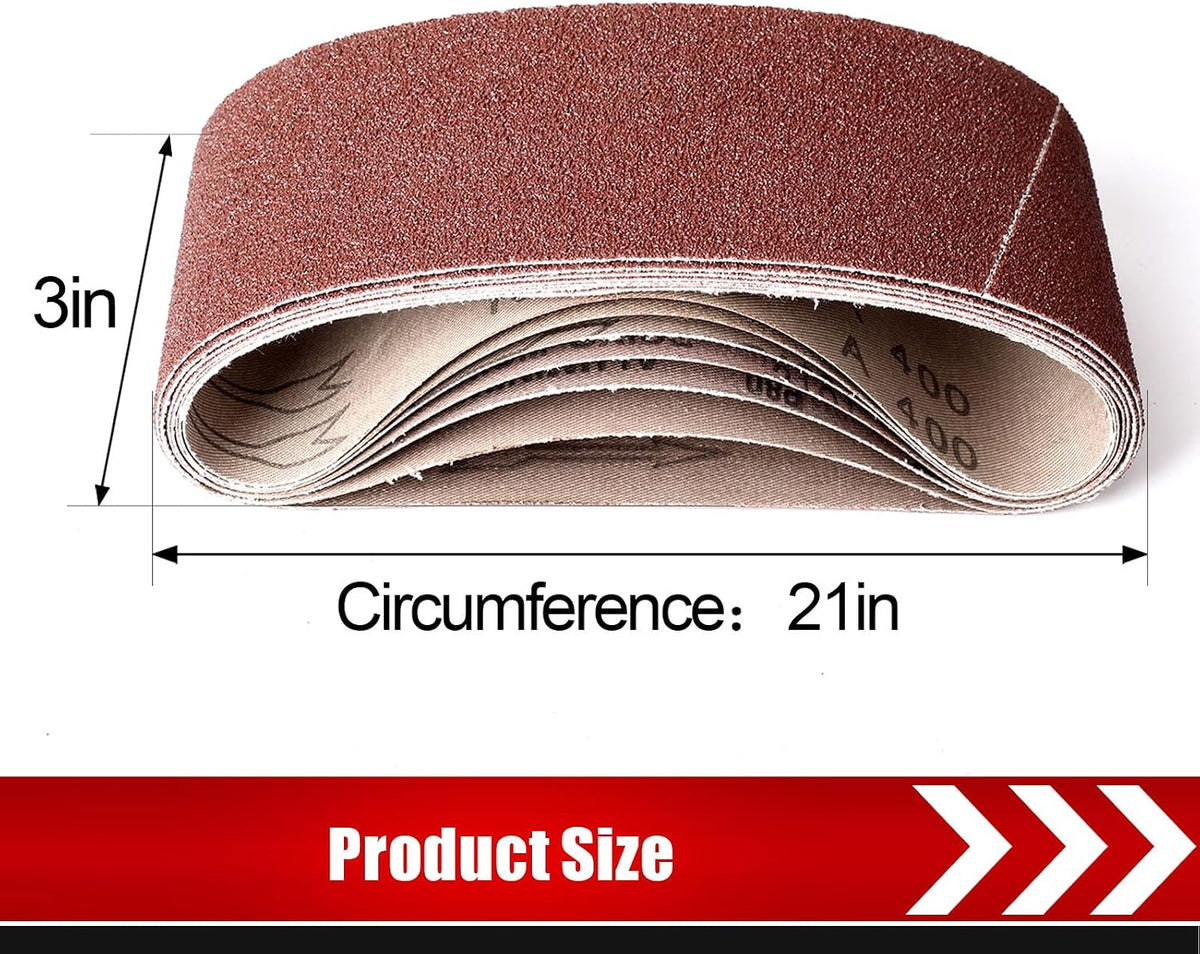 BOSHCRAFT 3x21 Sanding Belts, 21 Pack Belt Sander Paper 40/60/80/120/180/240/400 Grit Assortment Aluminum Oxide Sanding Belts for Wood Metal Polishing Knife Sharpening