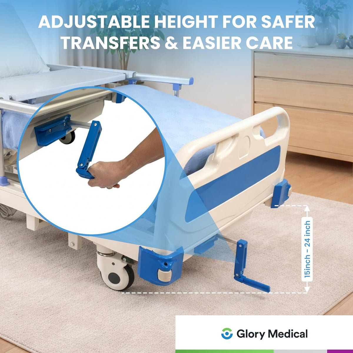 GloryMEQ Point A Tech PAM‑3SE Semi‑Electric Hospital Bed – 3‑Function Adjustable Home‑Care Bed with Bedside Controls