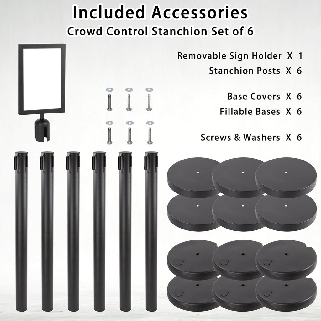 Crowd Control Stanchions w/Retractable Belt Sign Topper 6 Pack