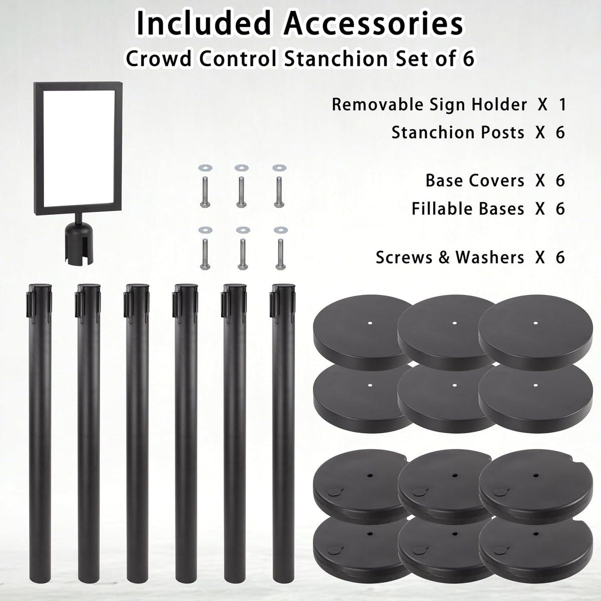 Crowd Control Stanchions w/Retractable Belt Sign Topper 6 Pack