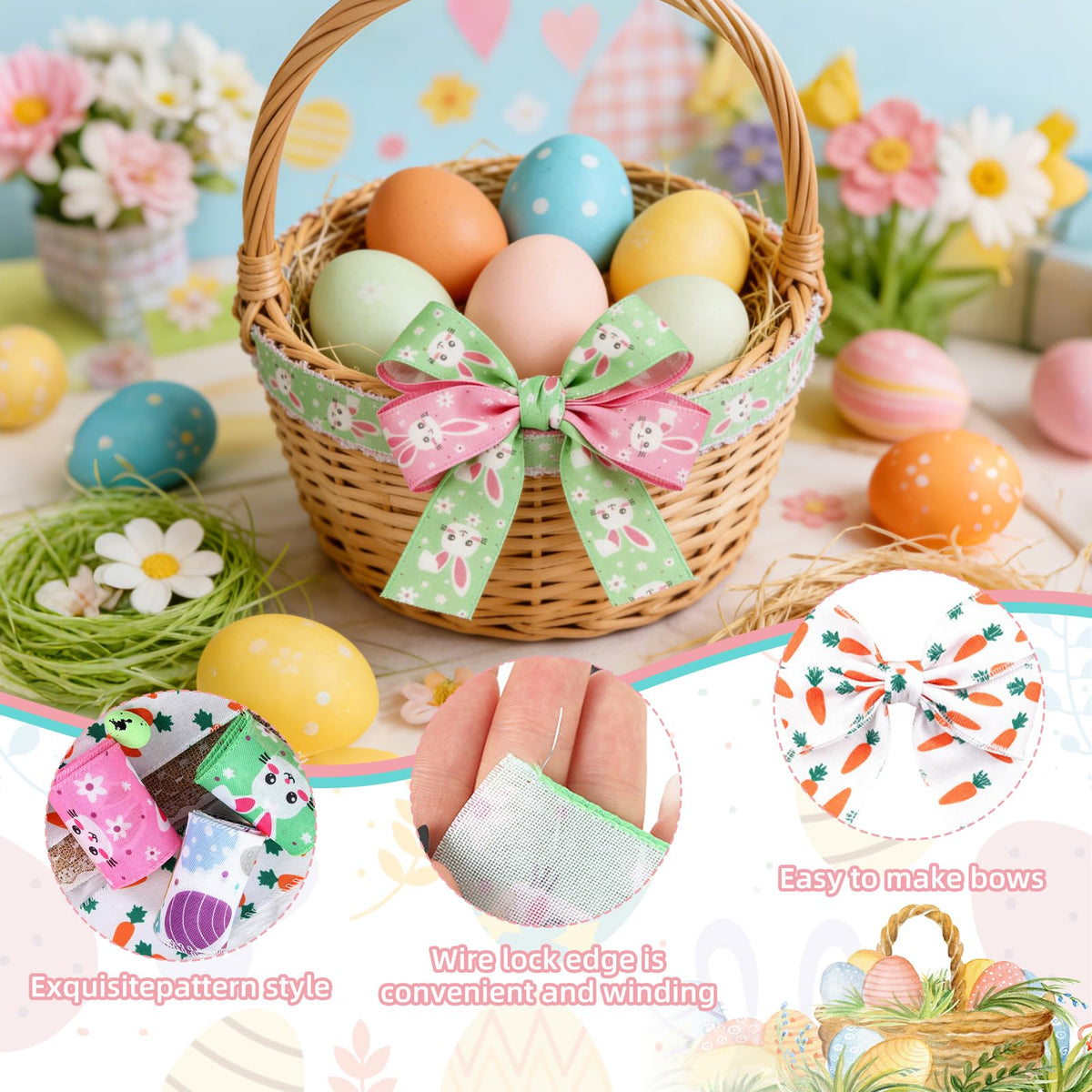 4 Rolls Easter Ribbon Wired,Easter Eggs, Carrots, Rabbits Ribbon,2.5 Inch 15 Yards Wrapping Fabric Spring Colorful