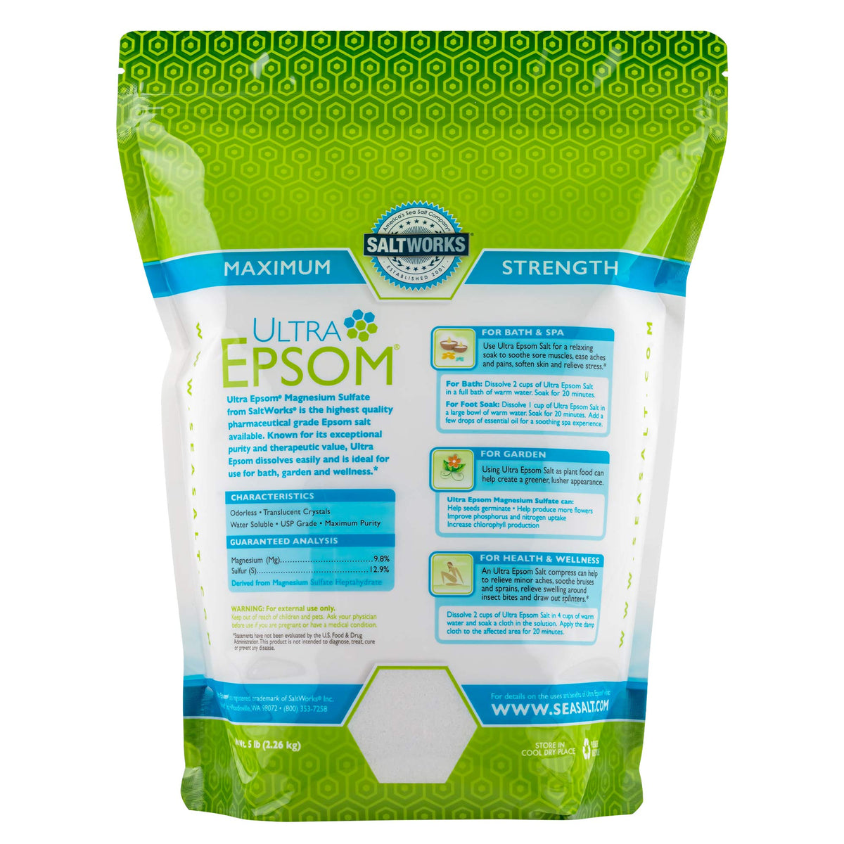 Ultra Epsom Bath Salt, Unscented, Extra Fine Grain, 5 Pound Bag