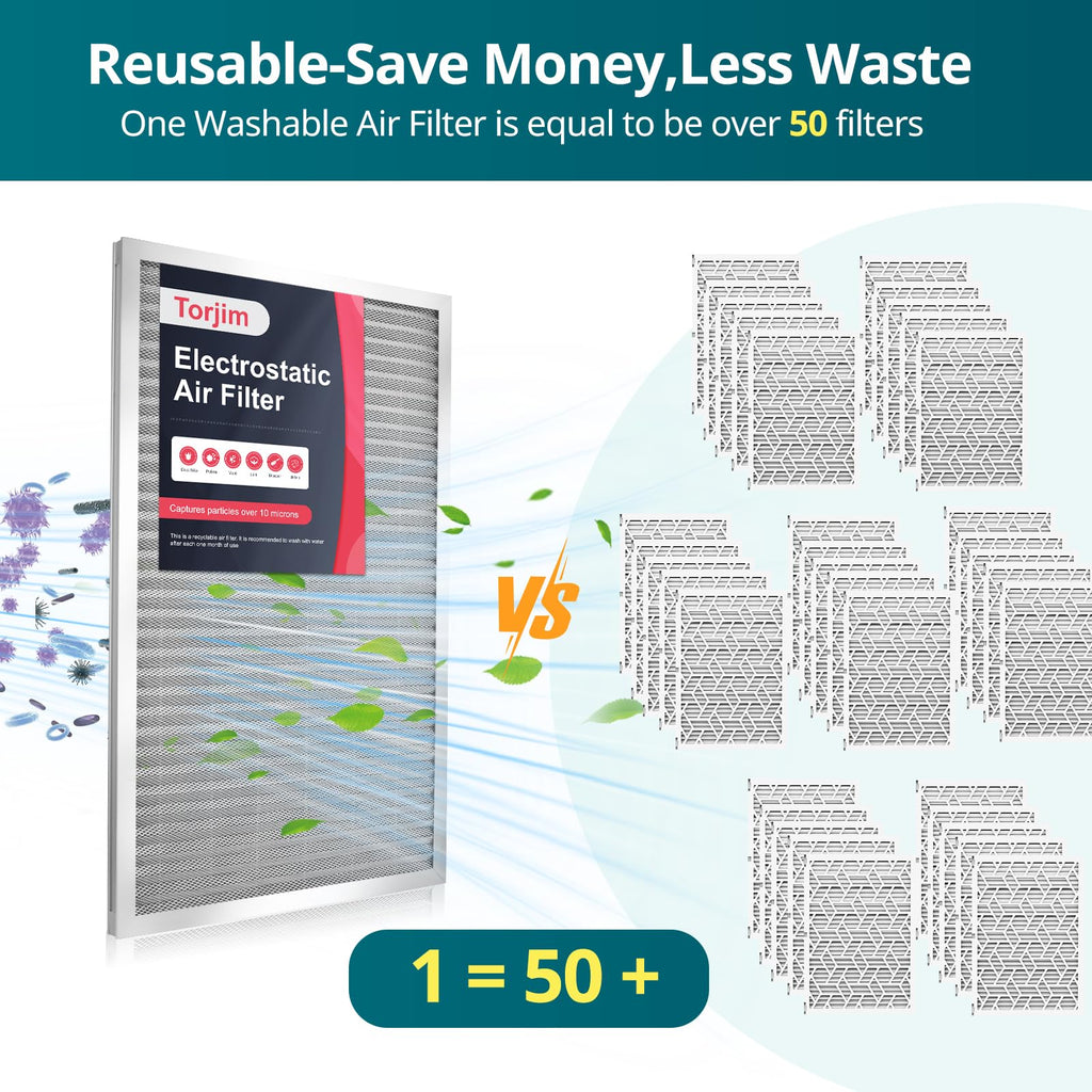 16x25x1 MERV8 Washable & Reusable Electrostatic Air Filter - AC/HVAC Furnace Filter, Permanent, Easy Install