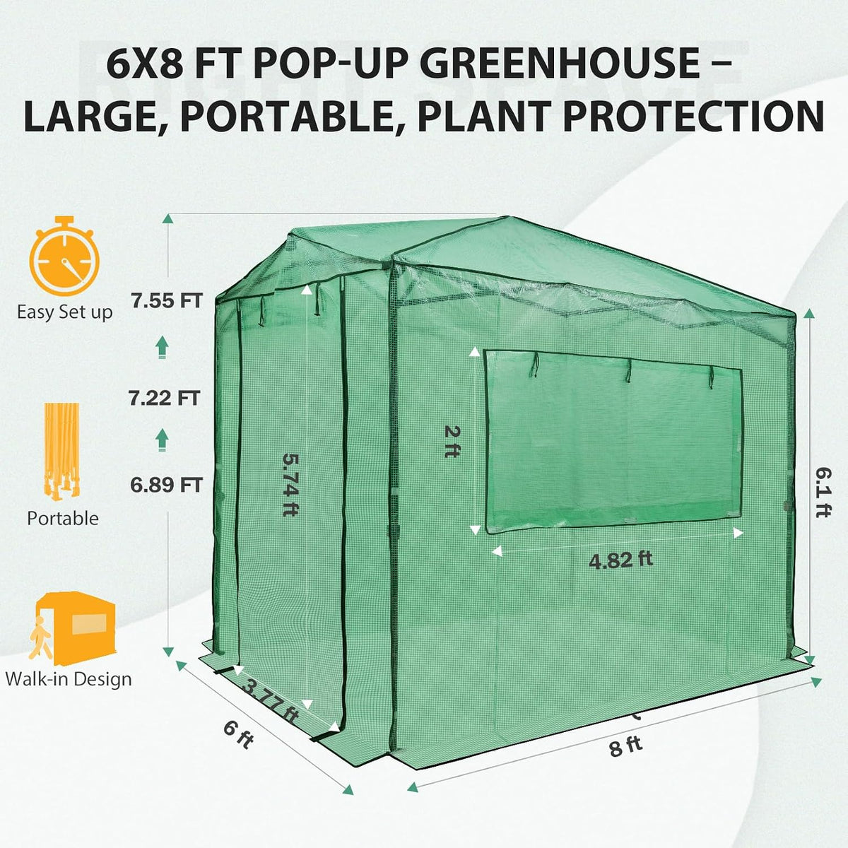 8x6 Easy Setup Pop Up Greenhouse, Clear/Green | Walk-In Greenhouses for Outdoors, Green House for Winter Protection