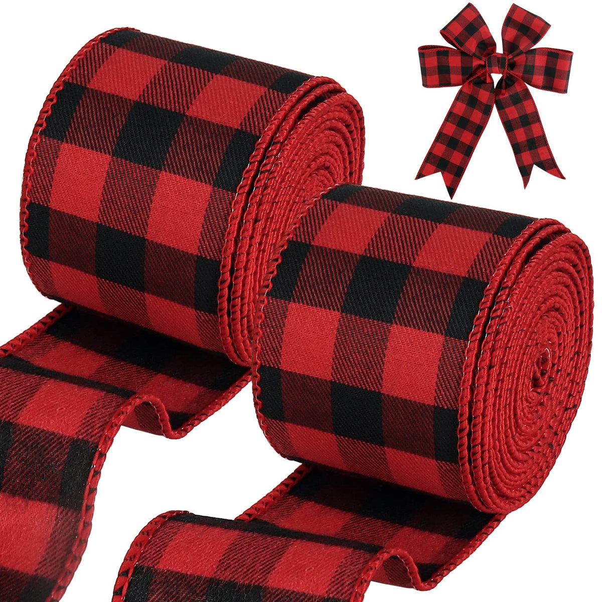 2 Roll 2.5" Buffalo Plaid Ribbon Red Wired Total 19.6 Yards